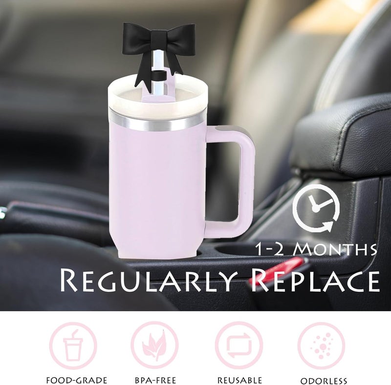 HIUSITY Black Bow Straw Cover Topper for Stanley Cup,Silicone Beige Straw Toppers for Tumbler with Handle 40oz,Cute 10mm/0.4in Straws Covers Cap,Reusable Lids for Stanley Cups Accessories, 6Pcs - Image 3